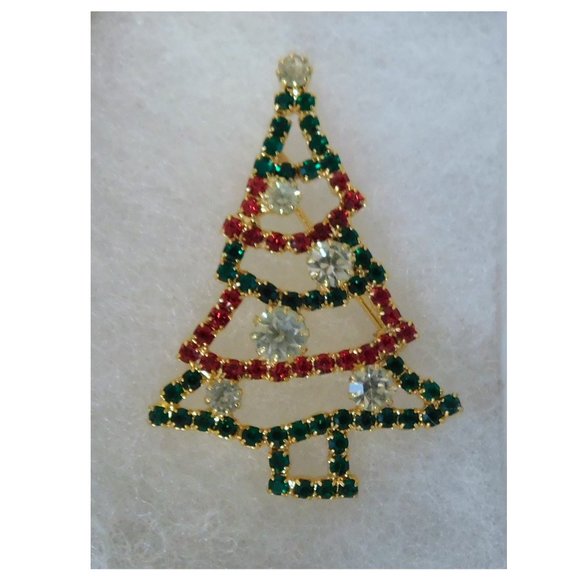 Christmas Vintage Open Tree Pin Brooch Green Red Crystal Prong Set Rhinestones - Picture 1 of 4